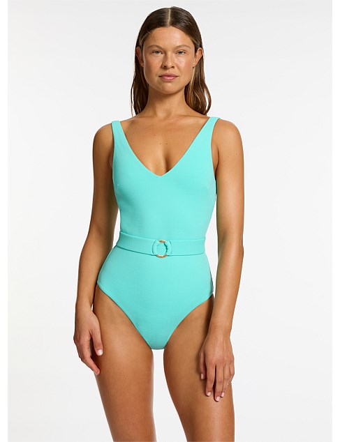 Isla Rib V Neck Belted One Piece Swimsuit