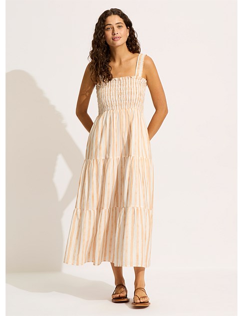 Isla Palm Shirred Midi Dress