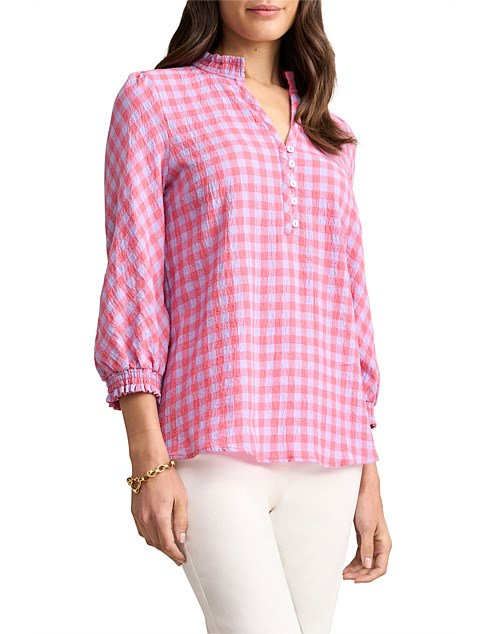 COTTON GINGHAM BLOUSE - LILAC/CORAL