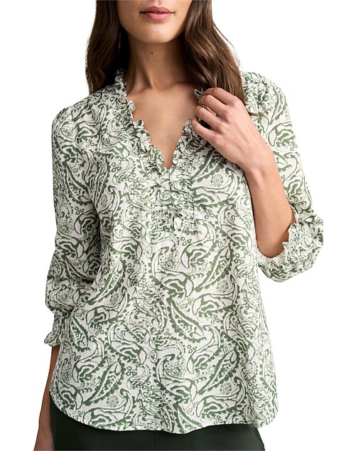 RUFFLE COTTON TOP - KHAKI WHITE PAISLEY