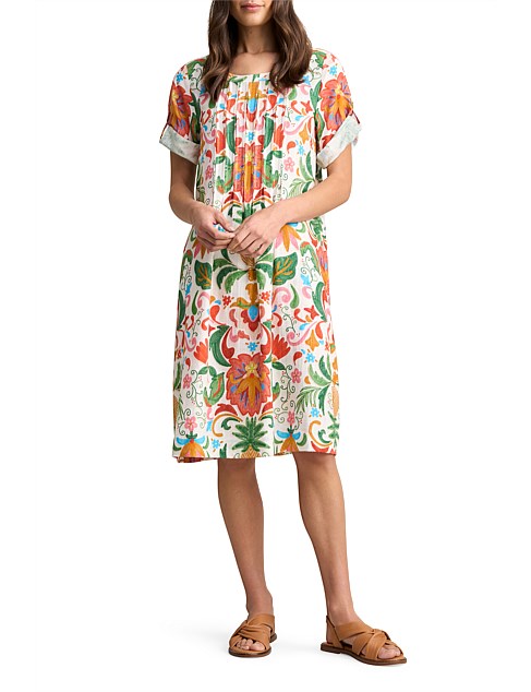 LINEN BLEND PLEAT FRONT DERSS - BRAZILIAN TROPICAL TAMBOUR PRINT