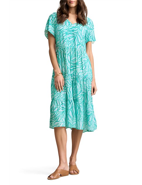 PRINTED TIER DRESS - AQUA