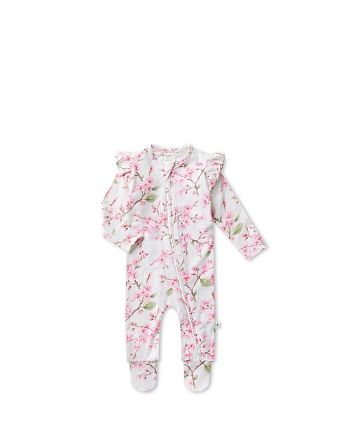 Cherry Blossom Organic Snuggle Sleepsuit Zip Footie w/ Frill