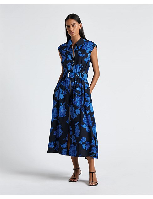 BLUE CAMELLIA ZIP FRONT MIDI DRESS