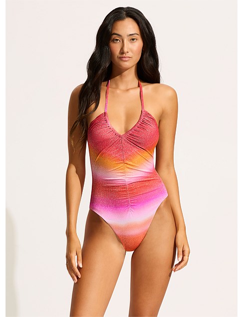 Spectrum Drawstring V Neck One Piece Swimsuit