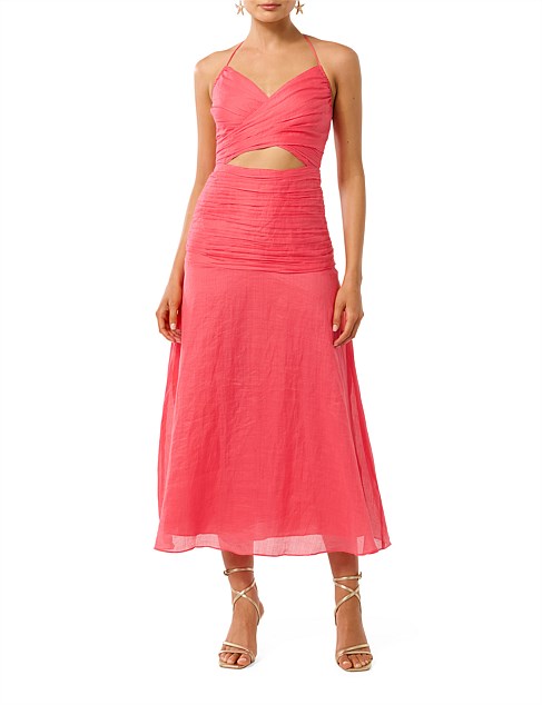 CLARISSA GATHERED HALTER MIDI DRESS