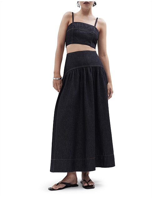 DENIM GATHERED MAXI SKIRT