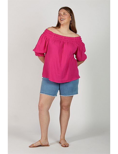 Poppy Crinkle Cotton Off The Shoulder Top