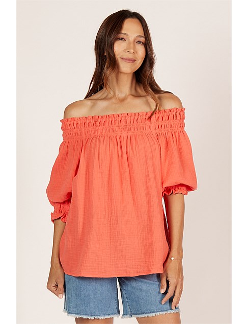 Poppy Crinkle Cotton Off The Shoulder Top