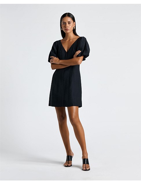 LINEN BLEND PUFF SLEEVE MINI DRESS