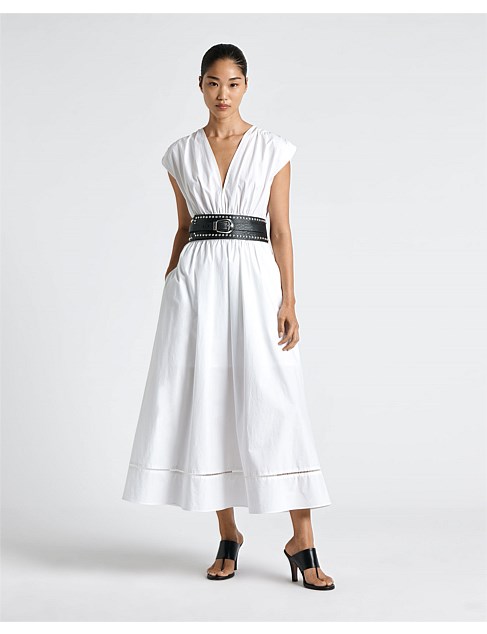 COTTON GATHERED V-NECK MIDI DRESS