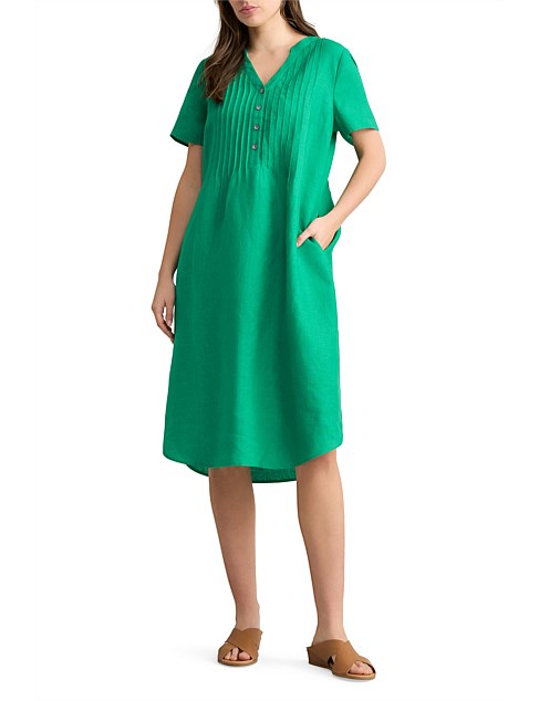 PLEATED FRONT FRENCH LINEN DRESS