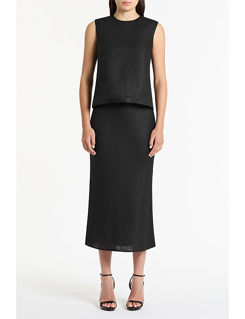 BLACK LINEN MIDI SKIRT