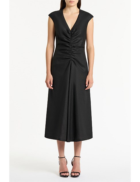 BLACK LINEN RUCHED DRESS