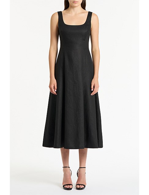 BLACK LINEN SQUARE NECK MIDI DRESS