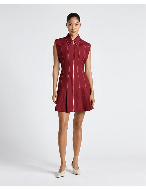 CONTRAST STITCH LINEN MINI DRESS