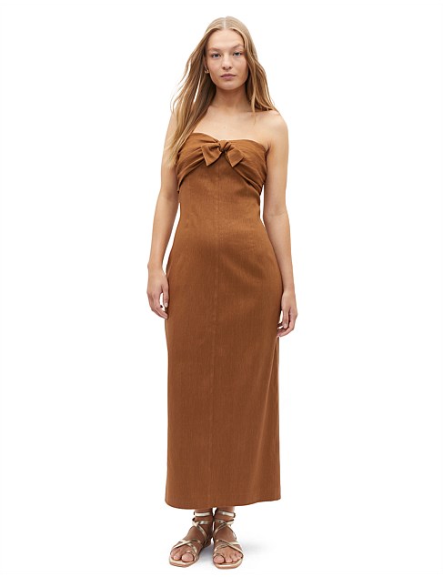 TIE FRONT STRAPLESS MIDI DRESS