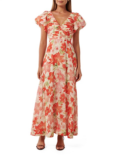 JUNE RUCHED V NECK MIDI DRESS