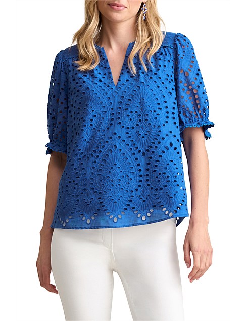 COTTON BRODERIE BLOUSE - DEEP BLUE