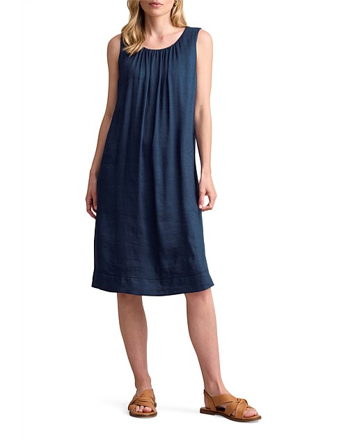 LINEN SILK MIDI DRESS - NAVY