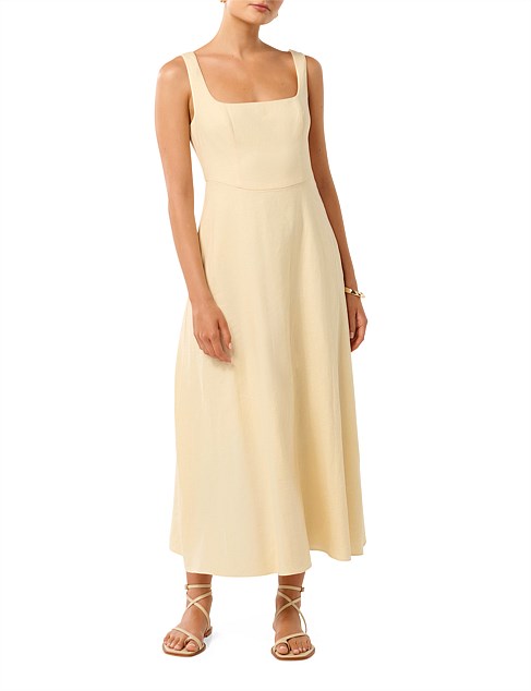 TORI SQUARE NECK LINEN MIDI DRESS