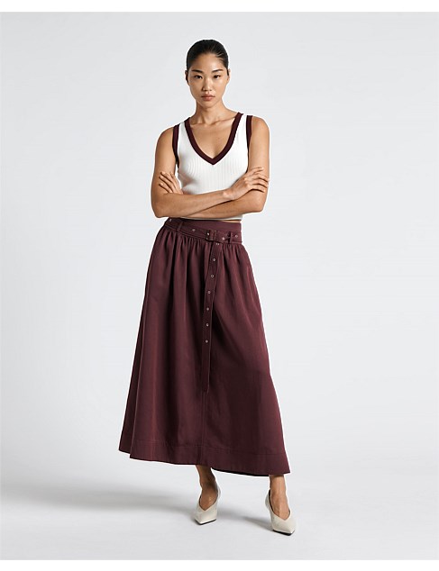 MODAL BELTED EYELET DETAIL MIDI SKIRT