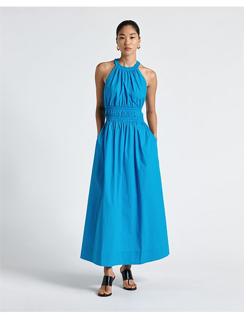 HIGH NECK RUCHED COTTON MAXI DRESS