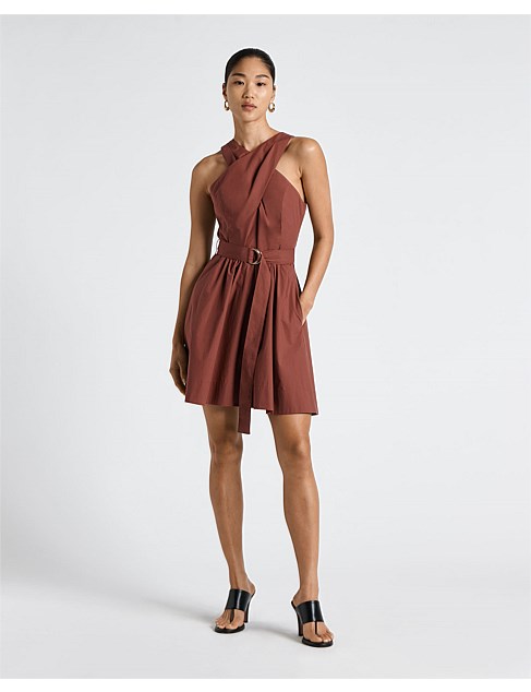 WRAP NECK BELTED MINI DRESS