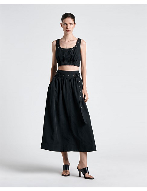 BLACK MODAL BELTED EYELET DETAIL MIDI SKIRT