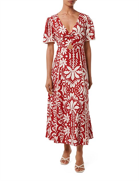 MARBELLA PETITE PRINTED TRIM MIDI DRESS