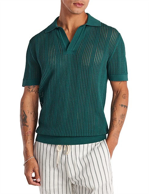 SELF STRIPE MESH KNIT POLO