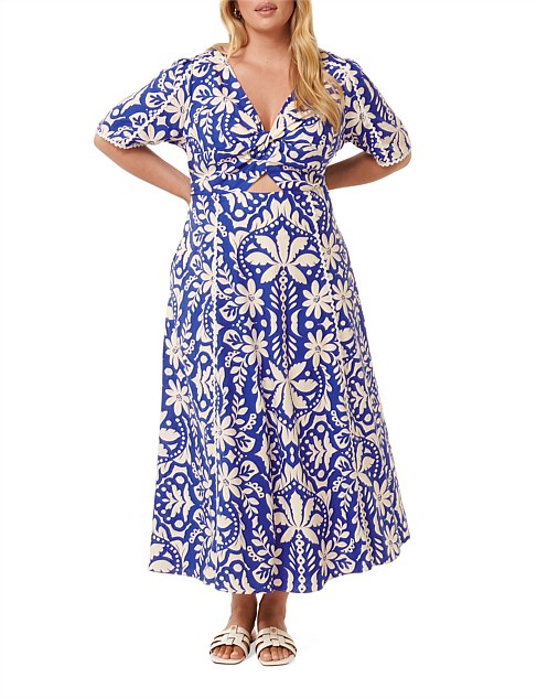 MARBELLA CURVE PRINTED TRIM MIDI DRESS