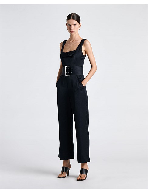 LINEN BLEND STATEMENT BUCKLE JUMPSUIT