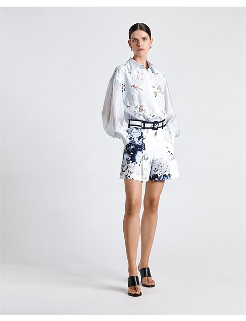 GRAPHIC BLOOMS COTTON BELTED SHORT