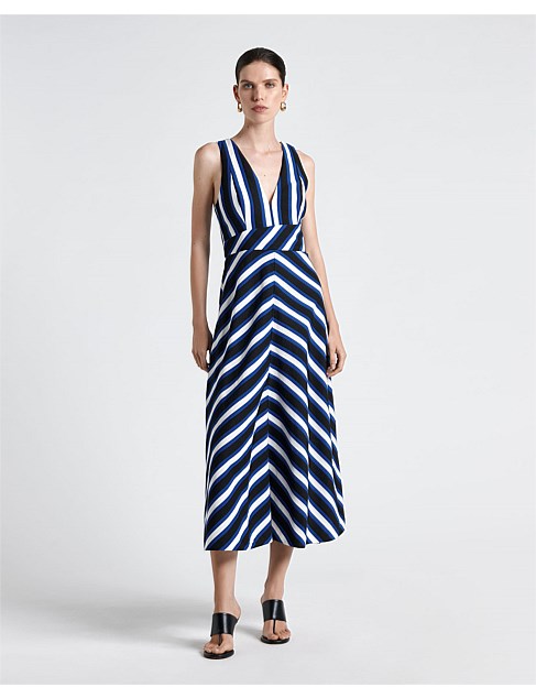 LINEN BLEND BOLD STRIPE MIDI DRESS