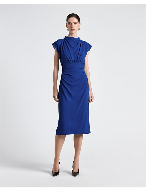 COBALT DRAPED NECK MIDI DRESS