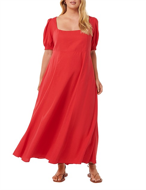 TORI CURVE PUFF SLEEVES LINEN MIDI DRESS