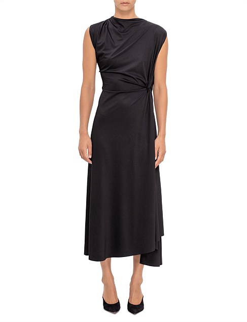 ASYMMETRIC DRAPE MIDI DRESS