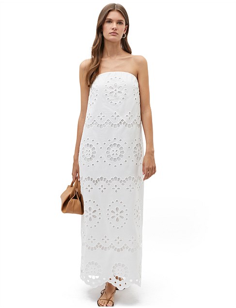 SCALLOP BRODERIE STRAPLESS MIDI DRESS