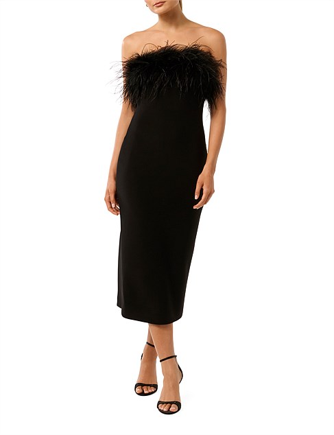 VIANNA FEATHER STRAPLESS MIDI DRESS