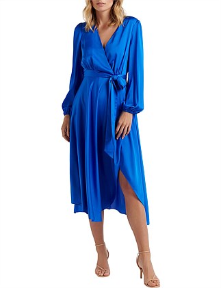 MARILYN SATIN WRAP MIDI DRESS