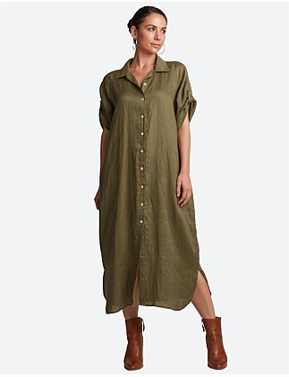 Short Tab Sleeve Linen Studio Shirt Dress