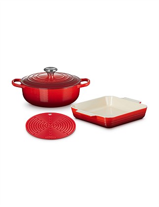 3pce Cast Iron & Stoneware Set Cerise