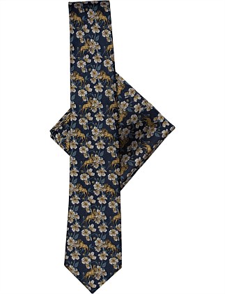 HORSE FLORAL TIE & POCKET SQUARE SET NAVY/YELLOW