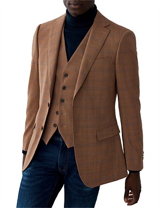 REGULAR STRETCH WOOL BLEND CHECK TAILORED BLAZER