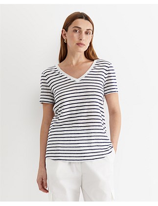 TONIA V-NECK STRIPE LINEN TEE