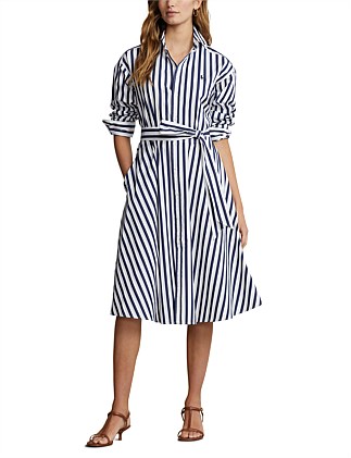 BELTED STRIPED COTTON SHIRTDRESS