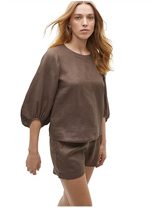 CORE LINEN BALLOON SLEEVE TOP