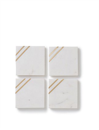 ALLAMBIE BRASS & WHITE MARBLE SQUARE COASTER SET of 4