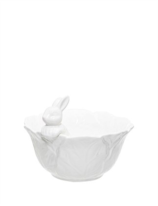 8CM WHITE CERAMIC CABBAGE LEAF BOWL WITH BUNNY